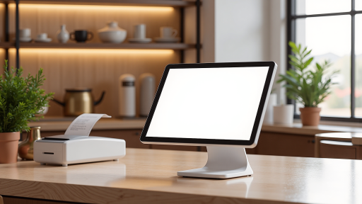 零售连锁店POS收银系统操作界面，员工正在使用触摸屏终端进行商品结算，背景为货架和商品