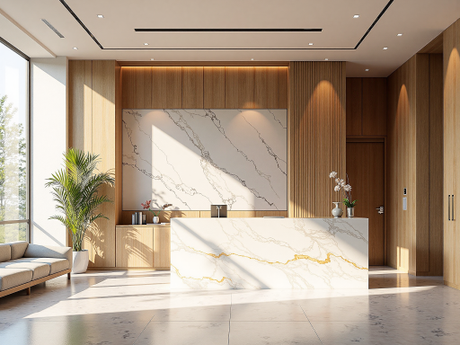 公司前台接待区域，现代简约装修风格，接待台整洁有序，背景墙上有公司标识